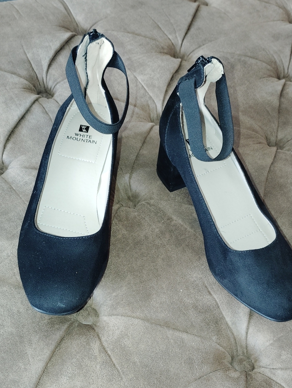 White Mountain Black Faux Suede Ankle Strap Block Heels